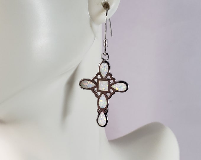Womens Estate Sterling Silver Opal Cross Earrings 4.2g E6418