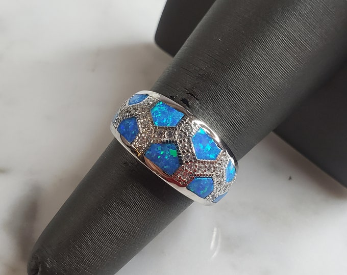 Womens Estate Sterling Silver Modernist Blue Opal & CZ Ring 5.5g E4306