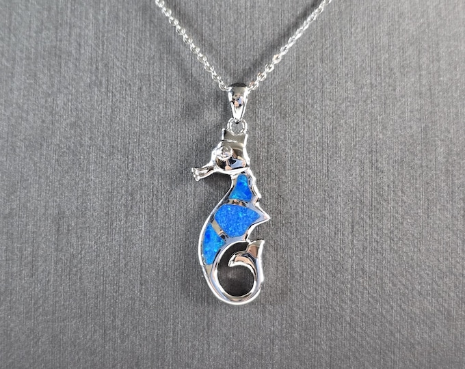 Womens Sterling Silver Blue Opal Seahorse Pendant Necklace 5.5g E3306
