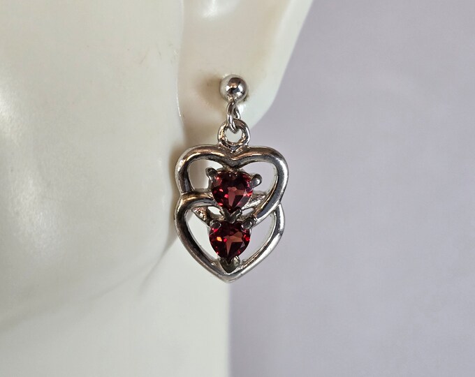 Womens Estate Sterling Silver Ruby Colored Heart Earrings 4.2g E7659