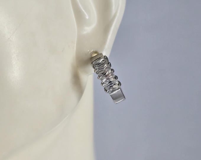 Womens Vintage Estate Sterling Silver CZ Hoop Earrings, 3.6g E6765