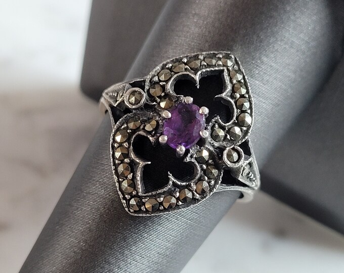 Womens Vintage Estate Sterling Silver Amethyst Ring 3.5g E5817