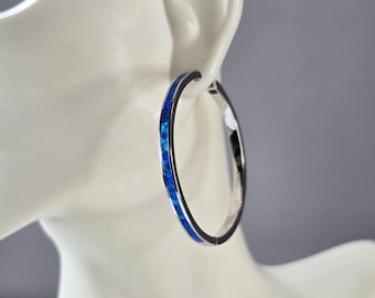 Womens Sterling Silver Modernist Blue Opal Hoop Earrings 10.7g E2325