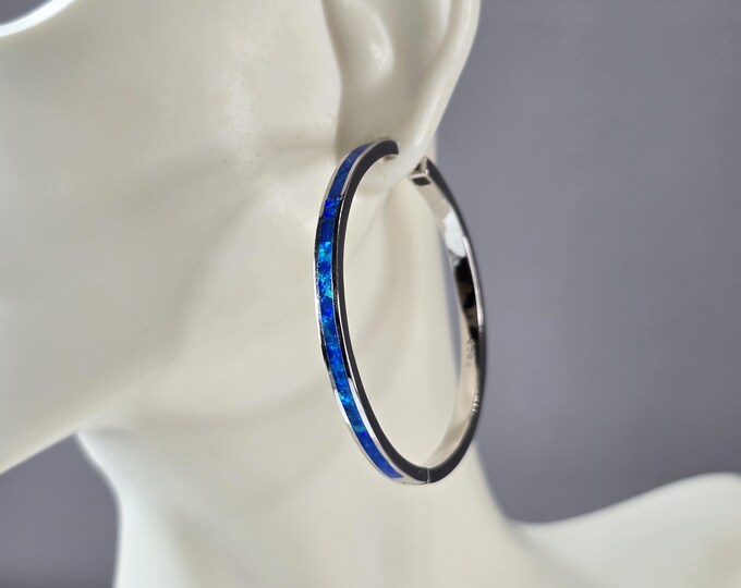 Womens Sterling Silver Modernist Blue Opal Hoop Earrings 10.7g E2325