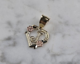 Womens 10K Yellow & Rose Gold Initial Letter " J "  Heart Pendant 0.9g E6256