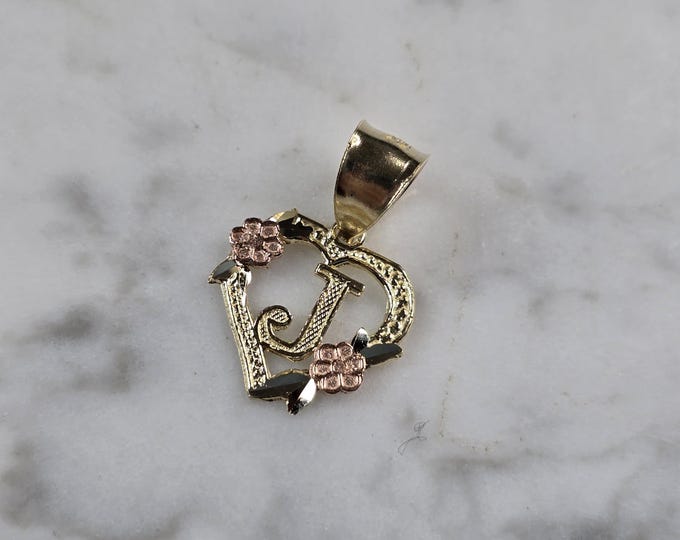 Womens 10K Yellow & Rose Gold Initial Letter " J "  Heart Pendant 0.9g E6256