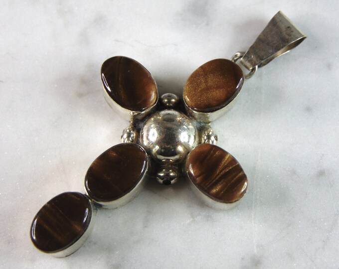 Womens Vintage Estate Sterling Silver Tiger's Eye Cross Pendant 12g E5470
