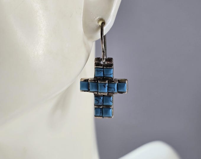 Womens Estate Sterling Silver Southwestern Turquoise Cross Earrings 6.0g E5878