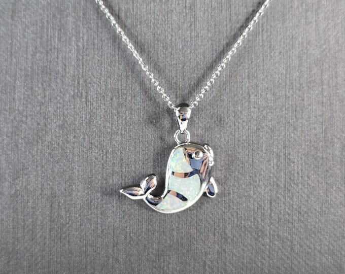 Womens Sterling Silver Opal Fish Pendant Necklace 6.4g E7482