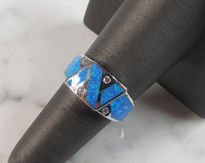 Womens Estate Sterling Silver Modernist Blue Opal & CZ Ring 4.8g E1409