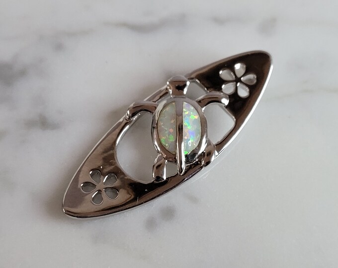 Womens Sterling Silver Opal Surfing Sea Turtle Pendant 4.1g E2751
