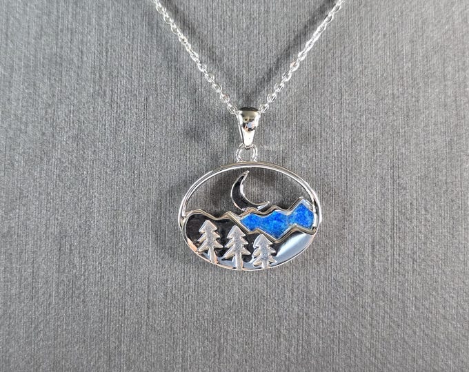 Womens Sterling Silver Blue Opal Mountain Moon Tree Pendant Necklace 5.4g E3648