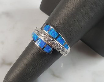 Womens Estate Sterling Silver Modernist Blue Opal & CZ Ring 4.5g E5073