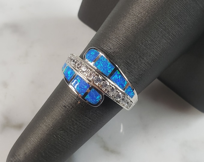 Womens Estate Sterling Silver Modernist Blue Opal & CZ Ring 4.5g E5073