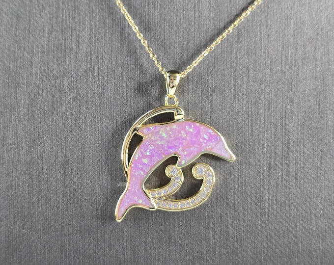 Womens Sterling Silver Gold Tone Pink Opal Dolphin Pendant Necklace 8.0g E3307