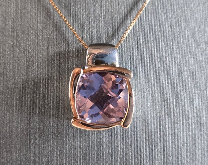 Womens Sterling Silver 14K Gold Amethyst Pendant W/ Necklace 8.4g E7852
