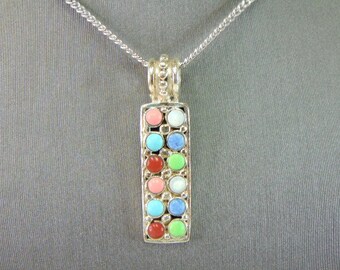 Womens Vintage Sterling Silver Multi-Stone Pendant & Necklace 15.7g E796