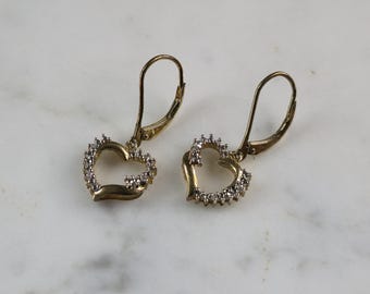 Womens Vintag Estate Sterling Silver Gold Tone Diamond Heart Earrings 2.3g E6161