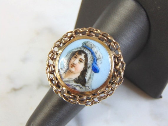 Vintage Estate 14K Gold Hand Painted Porcelain Ring 12.1g