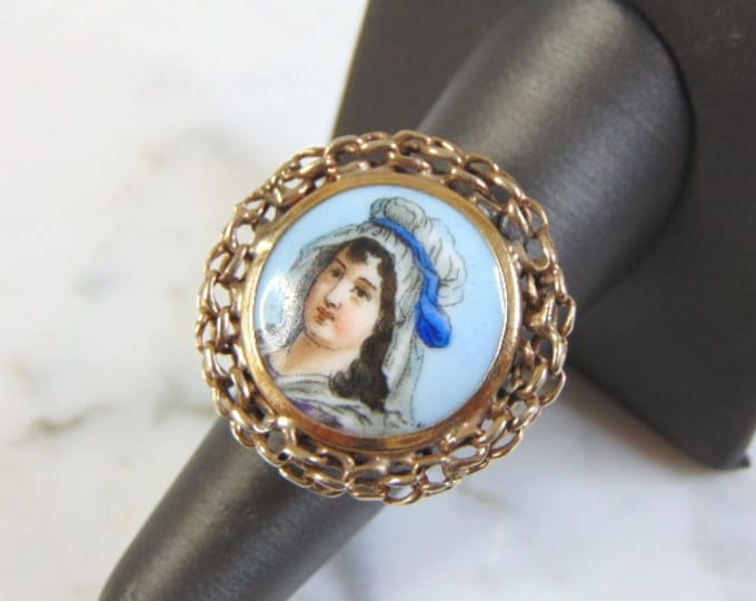 Vintage Estate 14K Gold Hand Painted Porcelain Ring 12.1g E3063