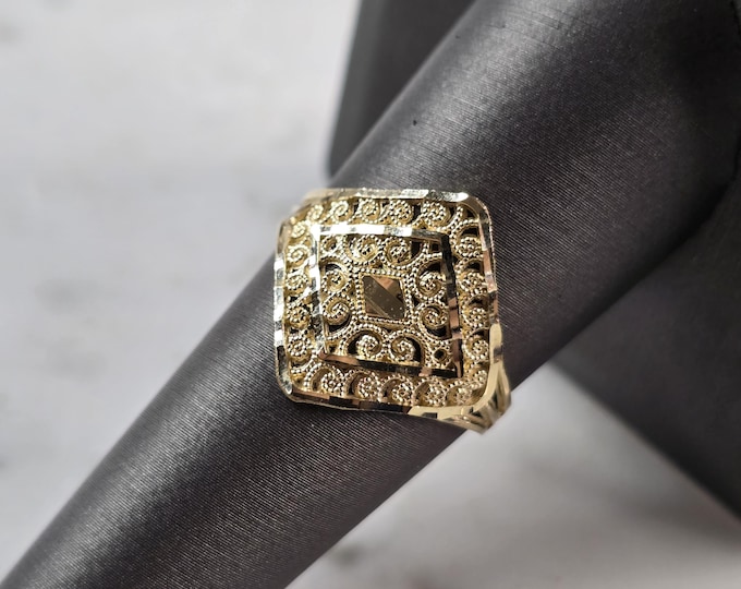 Womens 10K Yellow Gold Modernist Filigree Ring 1.6g E851