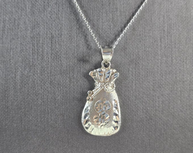 Sterling Silver Money Bags Dollar Sign Pendant Necklace 4.7g #E4006