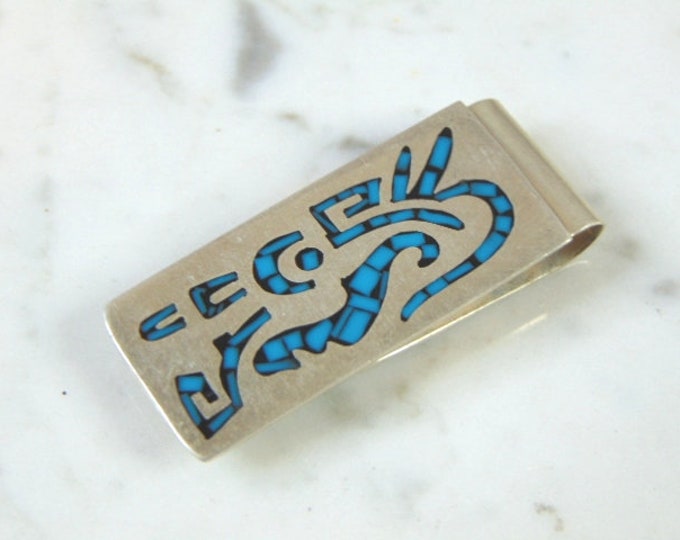 Vintage Estate Sterling Silver Southwestern Kokopelli Money Clip w/ Turquoise 22.3g E1376