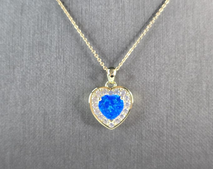 Womens Sterling Silver Gold Tone Blue Opal Heart Pendant Necklace 5.8g E7488