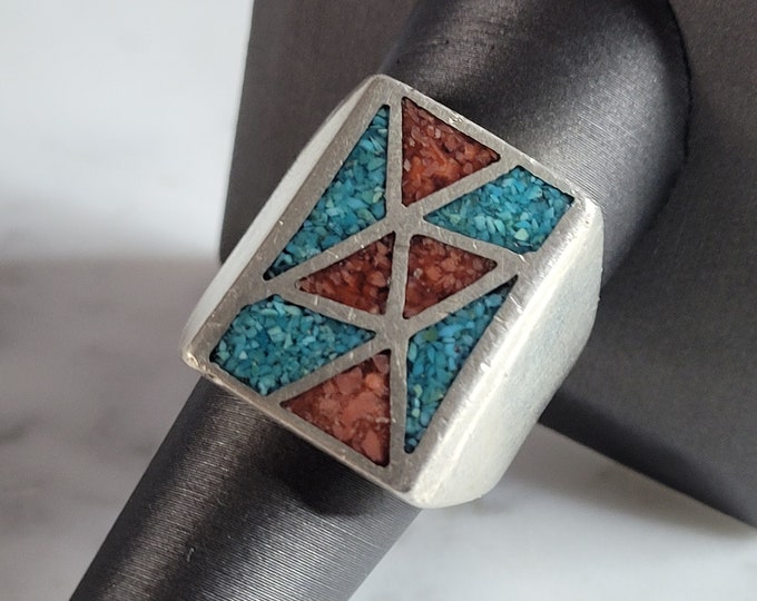 Mens Vintage Estate Sterling Silver Turquoise Coral Ring 20.8g E6931