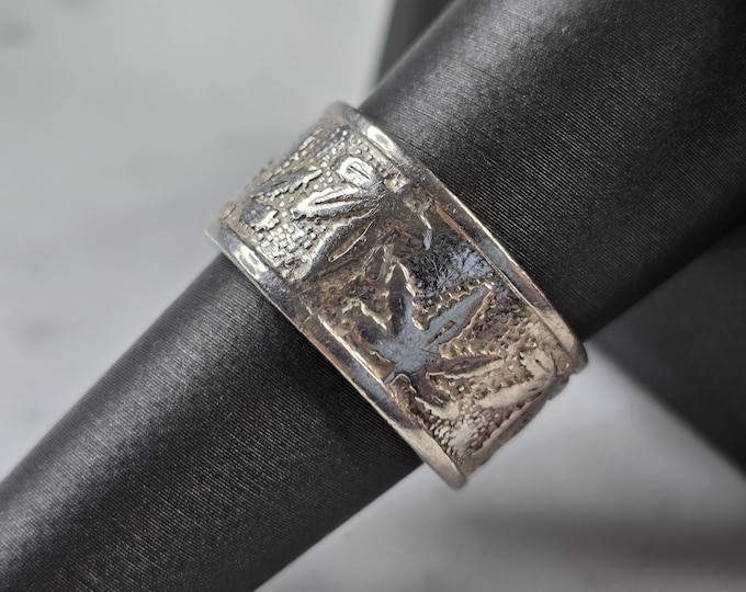 Mens Vintage Sterling Silver Cannabis Marijuana Pot Weed Band Ring 8.3g E1064