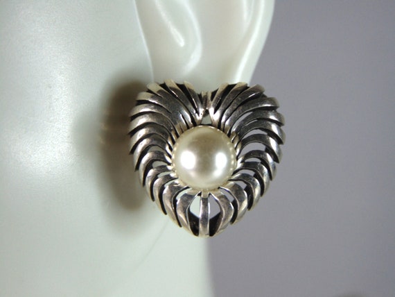 Womens Vintage Estate Sterling Silver Pearl Heart… - image 1