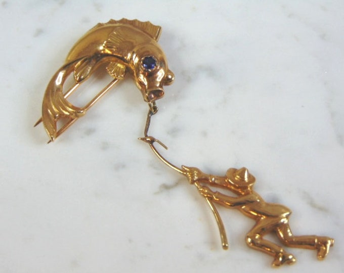 Vintage Estate 18K Yellow Gold Fisherman Brooch 19.4g E3054