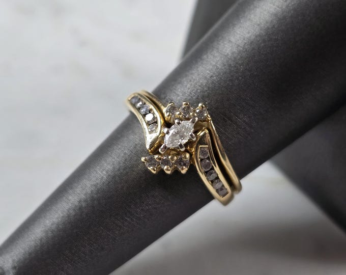 Womens Vintage Estate 14K Gold Diamond Marquise Engagement Ring Set 5.2g E7925