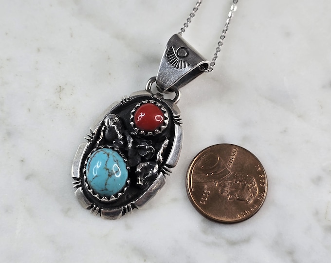 Womens Estate Sterling Silver Turquoise Coral Pendant Necklace 13.9g E5827