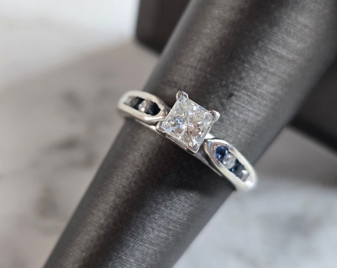 Womens Vintage Estate 14k White Gold Diamond Sapphire Ring 4.3g E6519