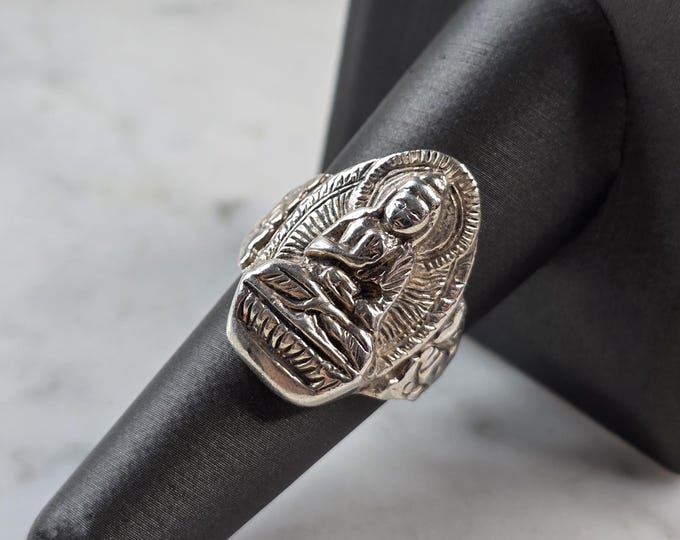 Womens Vintage Estate Sterling Silver Religion Buddha Ring 11.3g E5196