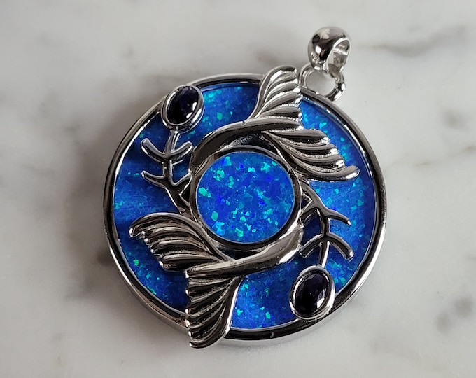 Womens Sterling Silver Blue Opal Koi Fish Pendant 10.7g E2864