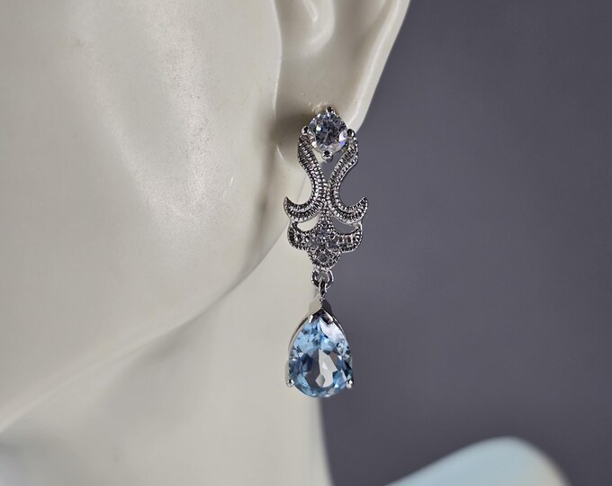 Womens Vintage Estate Sterling Silver Modernist Topaz CZ Earrings 5.1g E7663