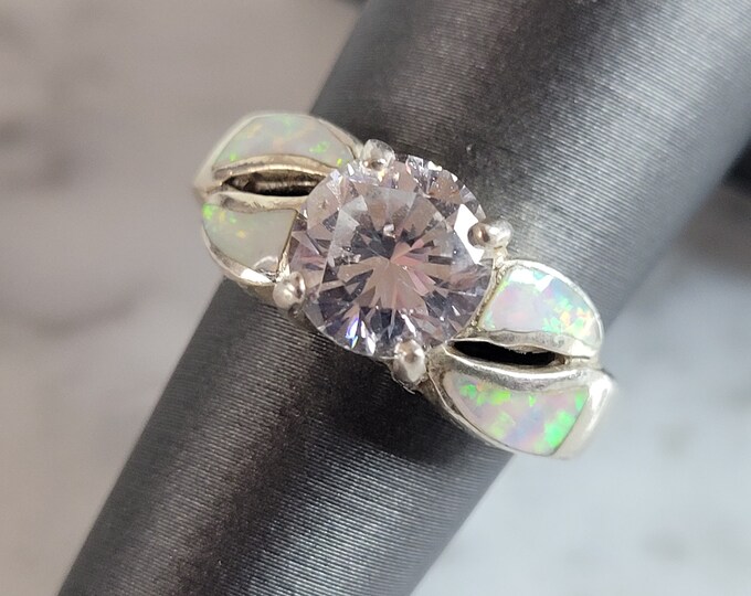 Womens Vintage Estate Sterling Silver Opal CZ Stone Ring 5.5g E3651