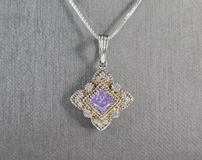 Womens Estate Sterling Silver Amethyst CZ Pendant w/ Necklace 6.8g E3536