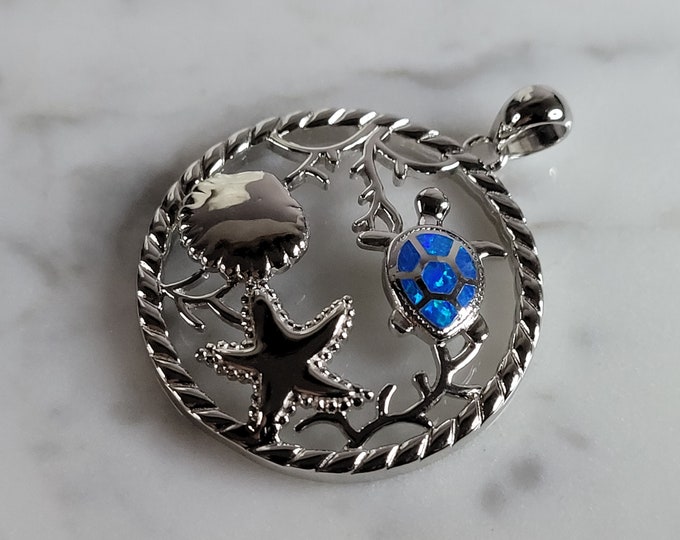 Womens Sterling Silver Blue Opal Turtle Star Fish Pendant 6.2g E2882