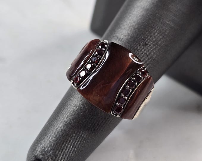 Womens Vintage Sterling Silver Modernist Tigers Eye Garnet Ring 7.2g E3715