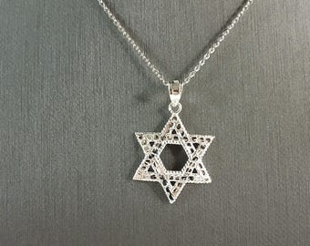 Sterling Silver Jewish Judaica Star of David Pendant Necklace, 2.7g E4299