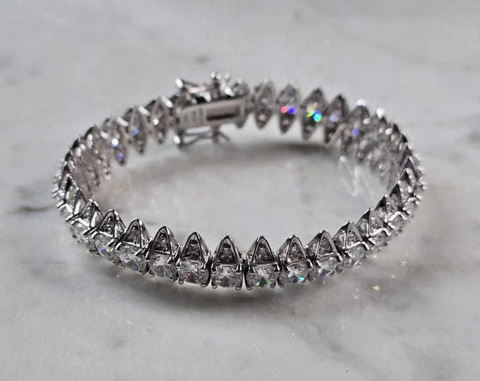 Womens Vintage Estate Sterling Silver CZ Art Deco Style Bracelet 29.1g E3140