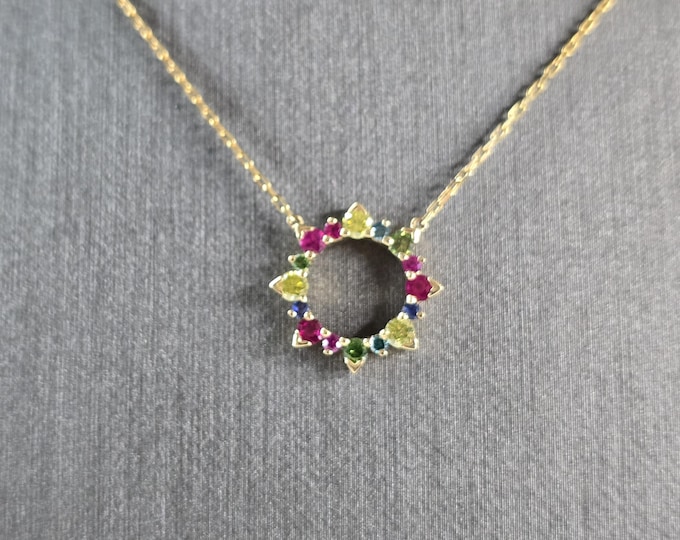 Womens Vintage Estate 14K Gold Multi Stone Pendant w/ Necklace 2.1g E7826