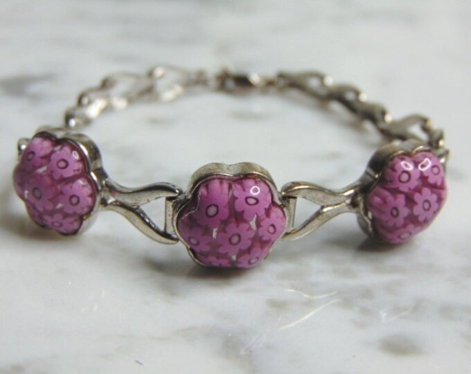 Womens Vintage Estate Sterling Silver Flower Millefiori Bracelet 12.5g E4586