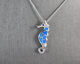 Womens Sterling Silver Blue Opal Seahorse Pendant Necklace 4.5g E1069