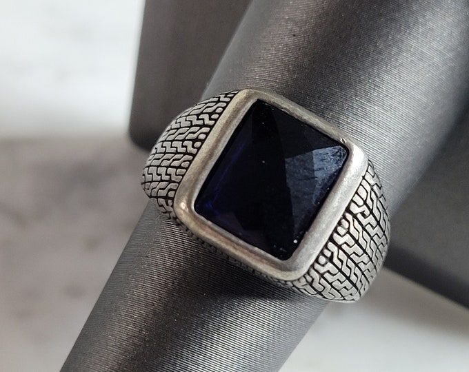 Mens Estate Sterling Silver Modernist Sapphire Ring 7.5g E2776