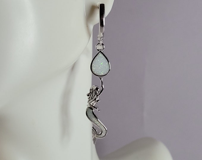 Womens Sterling Silver Opal Mermaid Earrings 6.9g E3706