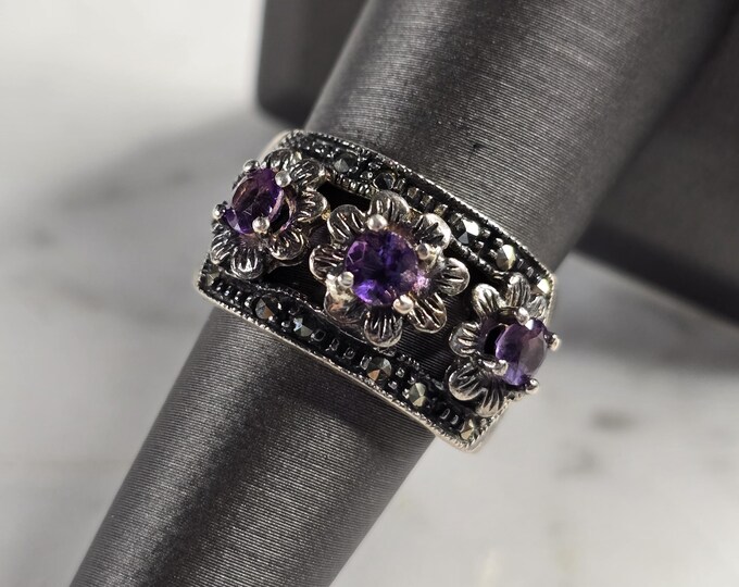 Womens Vintage Estate Sterling Silver Amethyst Flower Ring 8.5g E7870